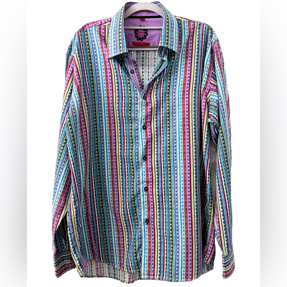Luchiano Visconti Mens L Colorful Striped Button Down Shirt 100% Cotton